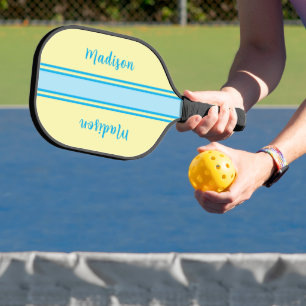 Palas De Pickleball Rayas azul cielo y amarillo retro - Monogramado