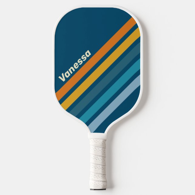 Palas De Pickleball Rayas en ángulo con sol azul y nombre (Anverso)