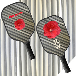 Palas De Pickleball Rayas grises modernas de humo hibiscus rojo