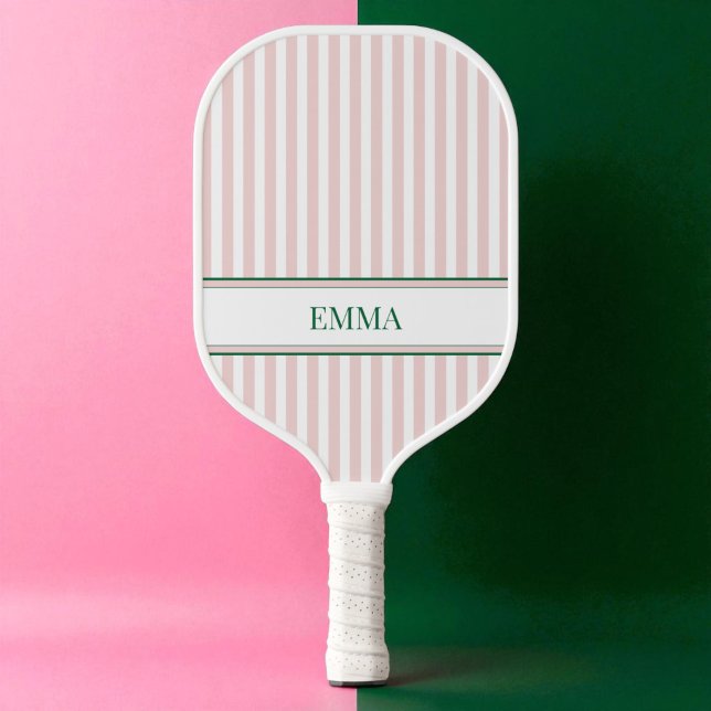 Palas De Pickleball Rayas modernas de nombre personalizado rosa y verd (Modern Stripes Pink and Green Personalized Name Pickleball Paddle)