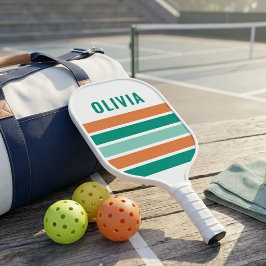 Palas De Pickleball Rayas Naranjas y Verde Teal Retro con Nombre Perso
