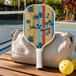 Palas De Pickleball Rayas Retro Palmeras Tropicales