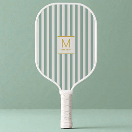Palas De Pickleball Rayas Simples Verde Salvia Monograma Inicial Dorad