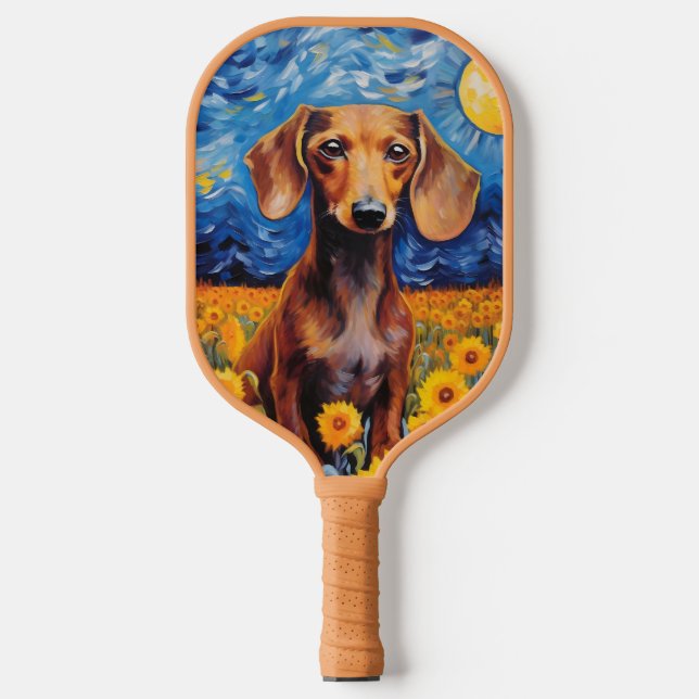 Palas De Pickleball Regalo de arte de Dachshund y Sunflowers (Anverso)