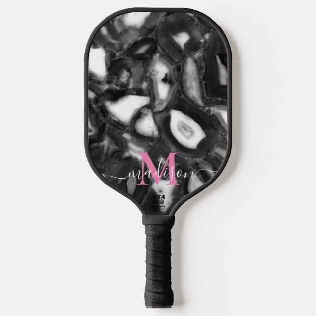 Palas De Pickleball Resumen Blanco negro agates geogram script (Anverso)