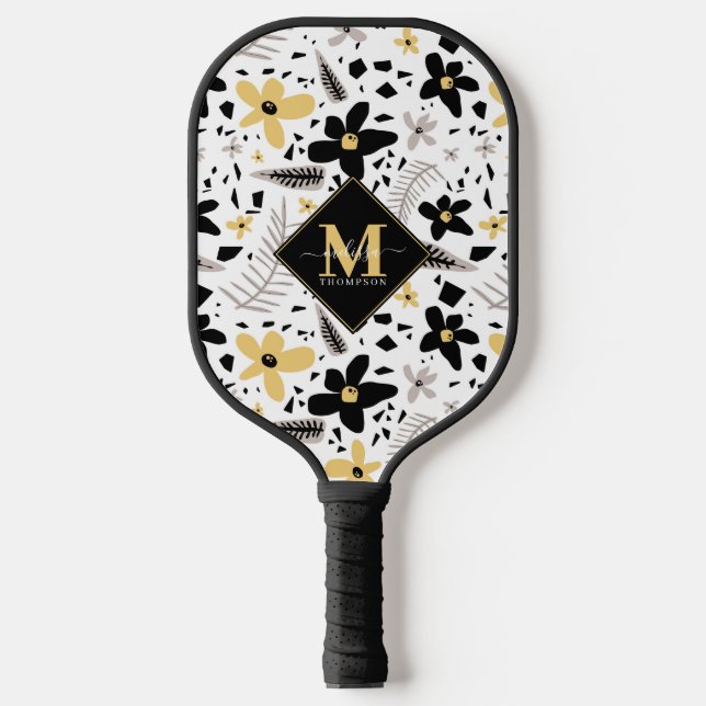 Palas De Pickleball Resumen Floral gris amarillo negro monogramado (Anverso)