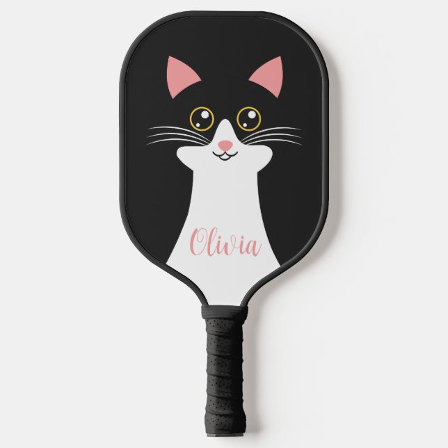 Palas De Pickleball Retrato de gato negro de Cute Mid Century (Anverso)