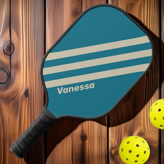 Palas De Pickleball Retro Aquamarine Tres Rayas con Nombre (Subido por el creador)