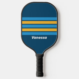 Palas De Pickleball Retro Azul Marinería Rayas Horizontales con Nombre