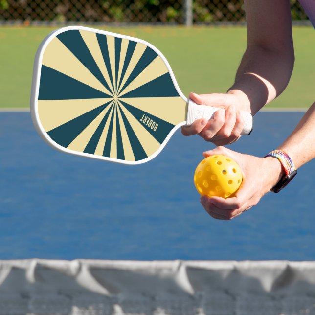 Palas De Pickleball Retro Blue &Beige Stripes  Script Minimalist Name (in situ)