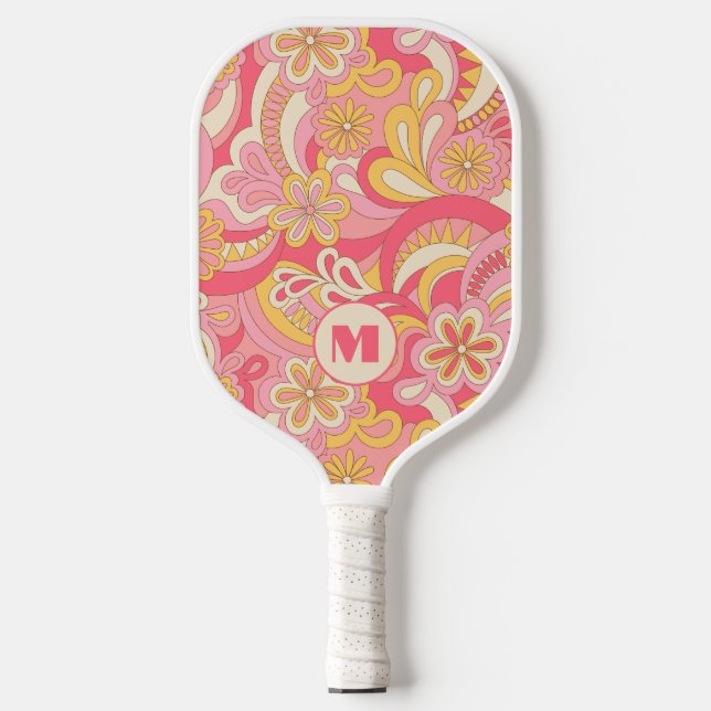 Palas De Pickleball Retro Floral Monogram Girly Pickleball Paddle  (Anverso)