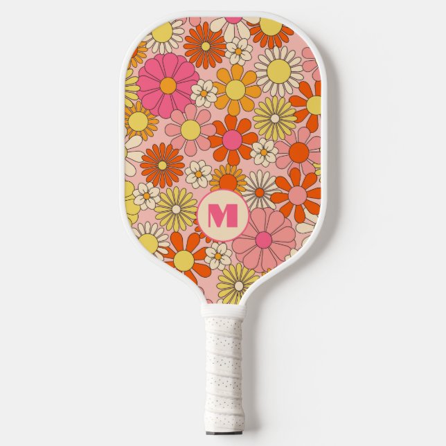Palas De Pickleball Retro Floral Monogrammed Pickleball Paddle  (Anverso)