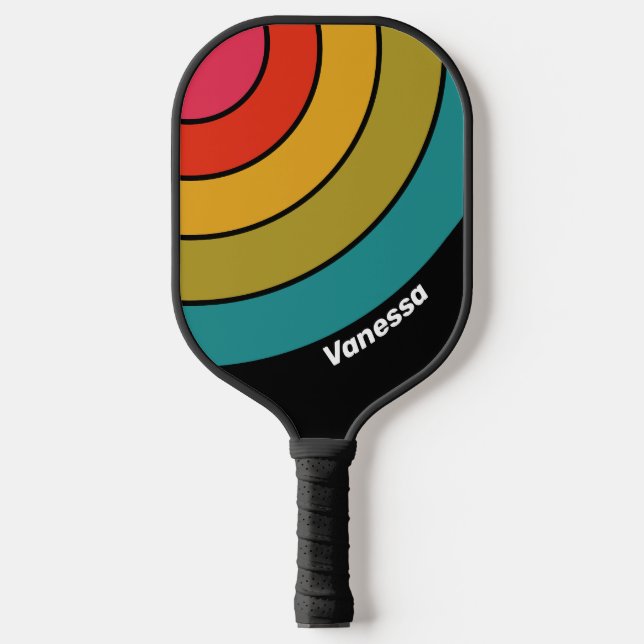 Palas De Pickleball Retro Midnight Rainbow Circle Strike con nombre (Anverso)