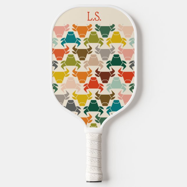 Palas De Pickleball Retro Patrón de Toro de Mitad de Siglo Monogramado (Anverso)