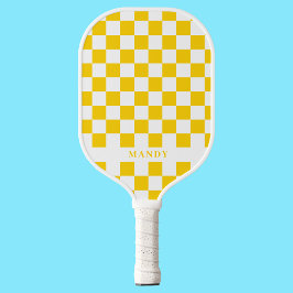 Palas De Pickleball Retro Pop Sunny Yellow Checkerboard Custom Name
