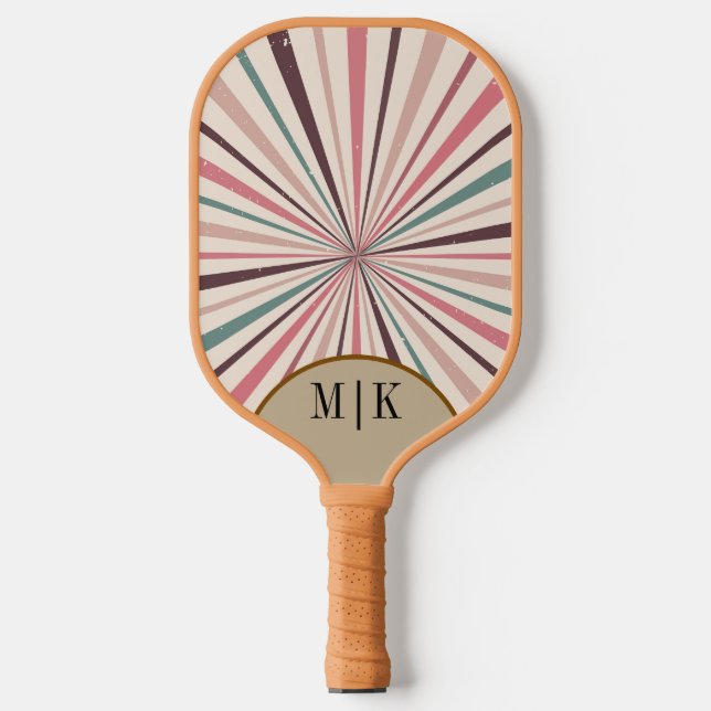 Palas De Pickleball Retro Stripes Sunburst | Guión moderno monograma (Anverso)