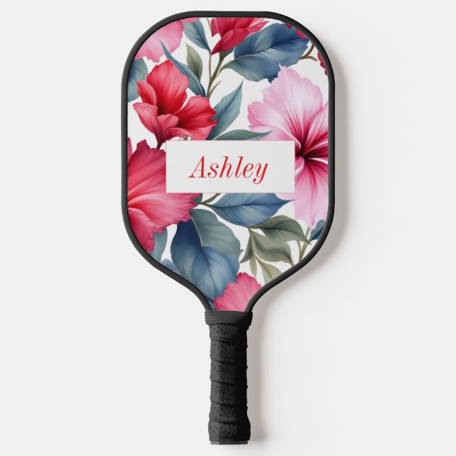 Palas De Pickleball Rojo Rosa Floral Acuarela Elegante (Anverso)