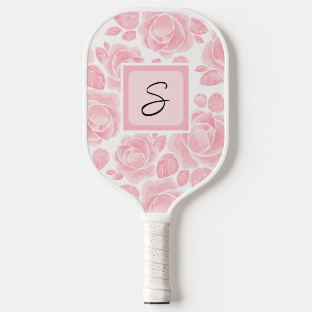 Palas De Pickleball Rosa floral monograma personalizado rosa (Anverso)