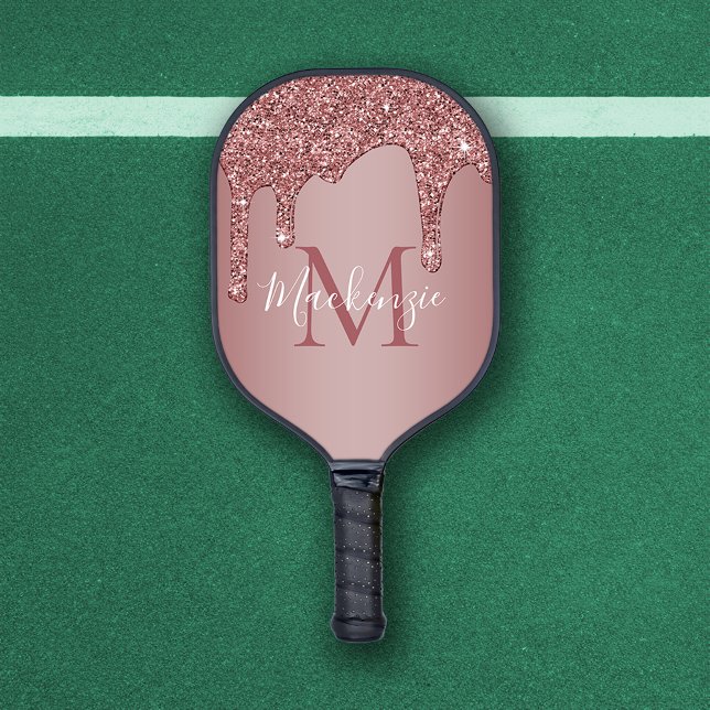 Palas De Pickleball Rosa Girly Gold Sparkle Purpurinas Dris Monograma (Girly Rose Gold Sparkle Glitter Drips Monogram Pickleball Paddle)