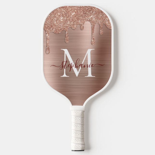 Palas De Pickleball Rosa Glam Purpurina Gold Drip Elegant Monograma (Anverso)