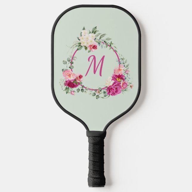 Palas De Pickleball Rosa + Verde acuarela Floral Monograma inicial (Anverso)