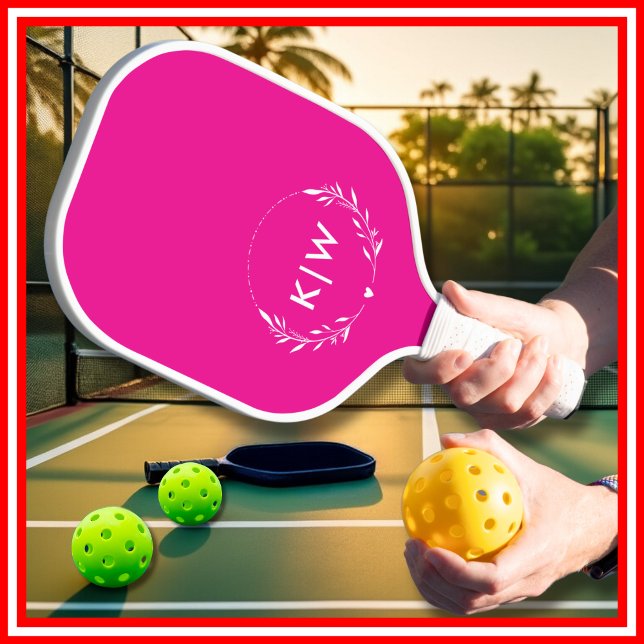 Palas De Pickleball Rosa y blanco | Monograma de Iniciales Modernas (Pink and White | Modern Initials Monogram Pickleball Paddle)