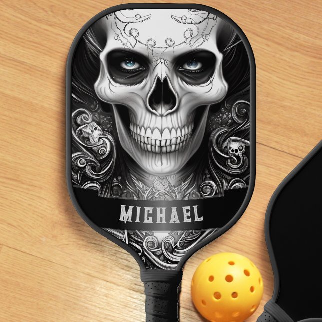 Palas De Pickleball Skeleton gótico Skull Nombre blanco y negro (gothic skeleton skull pickleball paddle)