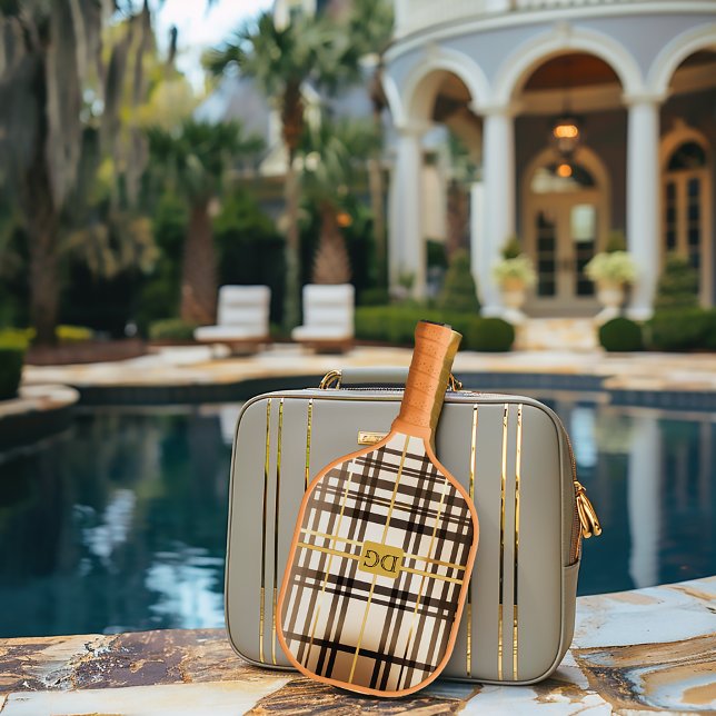 Palas De Pickleball Sofisticado Monograma Taupe y Oro (Classic Taupe and Gold Plaid Wexford Pickleball Paddle)