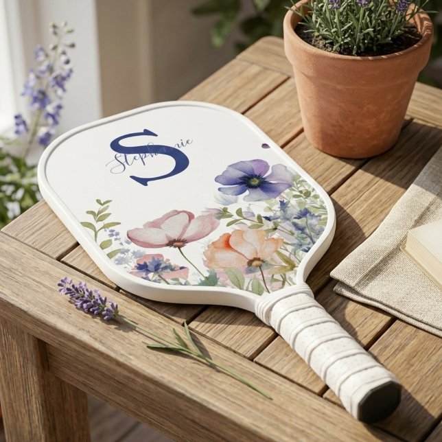 Palas De Pickleball Soft Watercolor Wildflowers – Feminine Pickleball  (Floral monogram pickleball paddle)