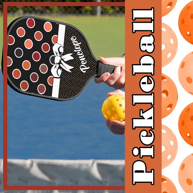 Palas De Pickleball Sombras de puntos rojos de polka en negro, blanco  (Shades of Red Polka Dots on Black, Faux White Bow Pickleball Paddle)