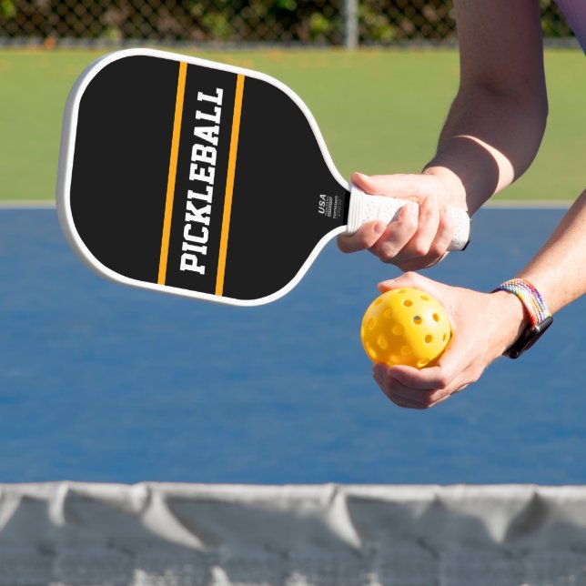 Palas De Pickleball Sporty Bold Black Yellow Stripes PICKLEBALL Textos (in situ)