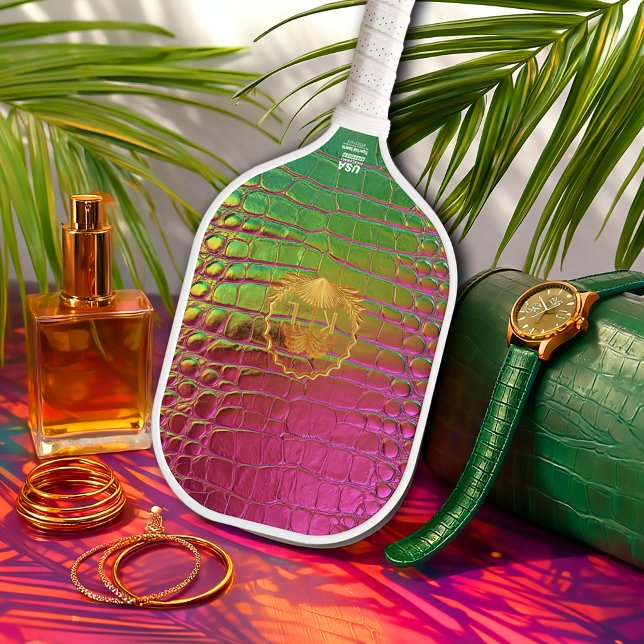 Palas De Pickleball Stylish Iridescent Pink Green Faux Crocodile (Stylish Fun Faux Croc Pink and Green Iridescent Monogram Pickleball Paddle )