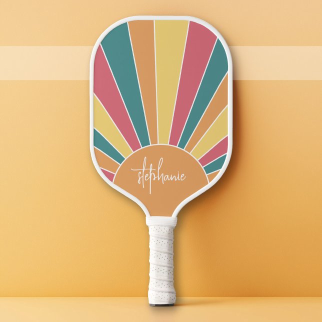 Palas De Pickleball Sunrise de rayas retro - nombre de guión de arcoir (Custom Pickleball Paddle)
