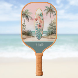 Palas De Pickleball Surfboard Tropical Island Floral Teal Initials