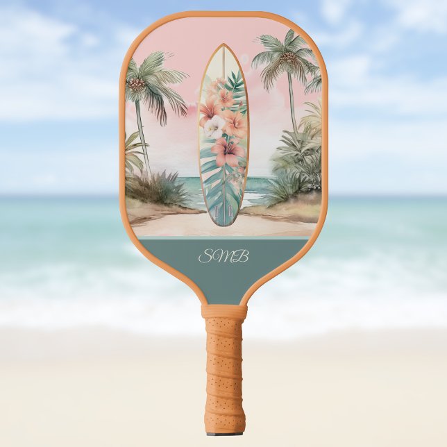 Palas De Pickleball Surfboard Tropical Island Floral Teal Initials (Subido por el creador)