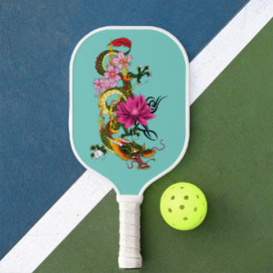 Palas De Pickleball Tatuaje de dragón chino verde en negrita con flor