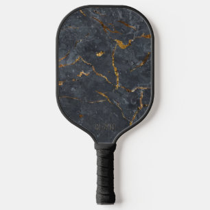 Palas De Pickleball Textura de mármol negro y dorado de lujo Monograma
