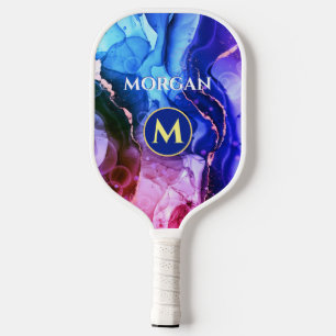 Palas De Pickleball Tinta líquida azul violeta roja, monograma y nombr