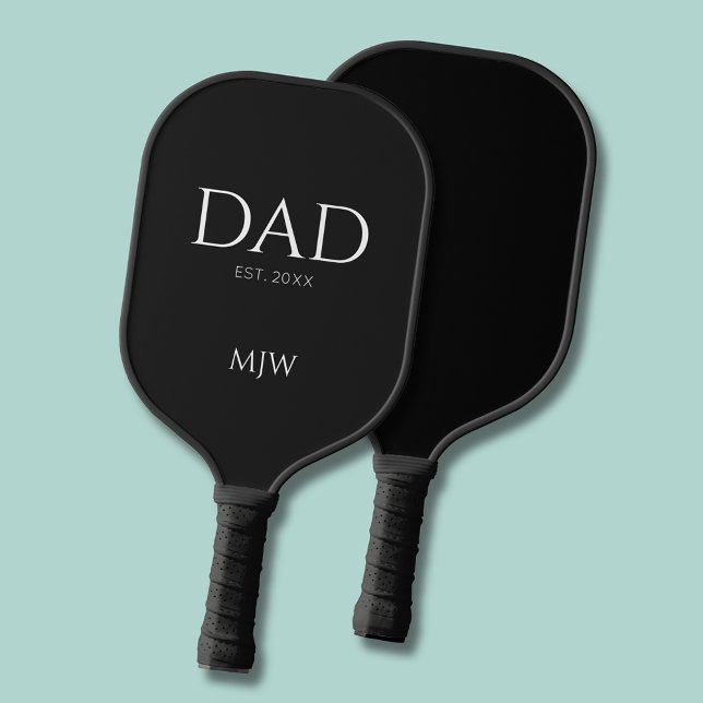 Palas De Pickleball Tipografía Monograma de papá negro (Dad Established Year pickleball paddle with personalized initials monogram.  )