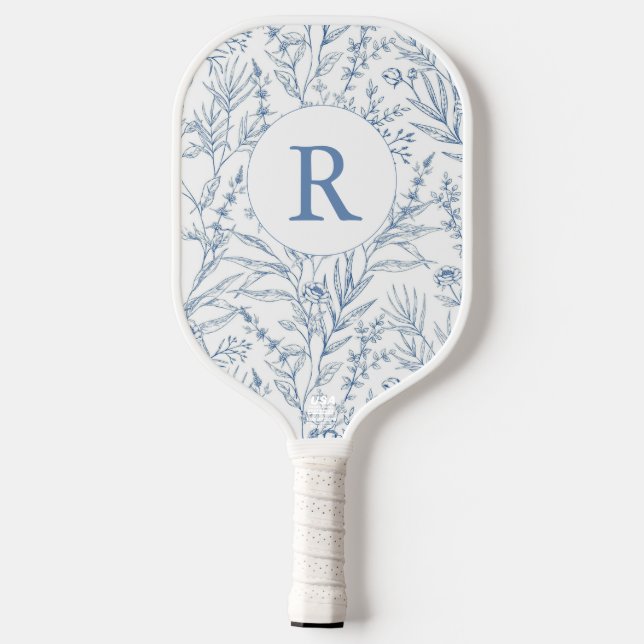 Palas De Pickleball Toile francés floral azul monograma personalizado (Reverso )