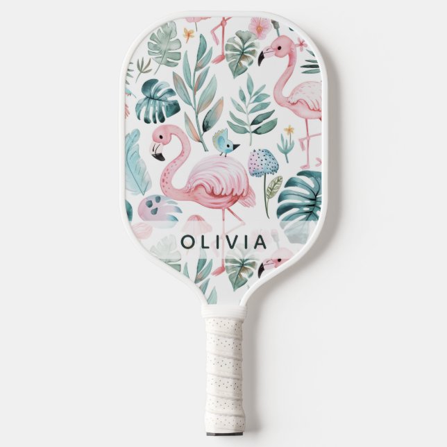 Palas De Pickleball Tropical Flamingo Monstera Pattern Custom Name  (Anverso)