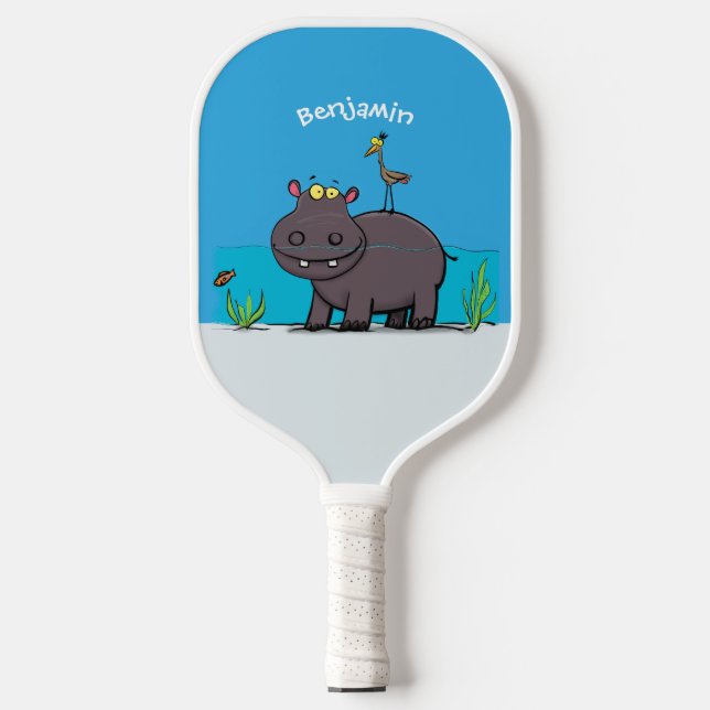 Palas De Pickleball Un gracioso hipopótamo con personalizado de pájaro (Anverso)