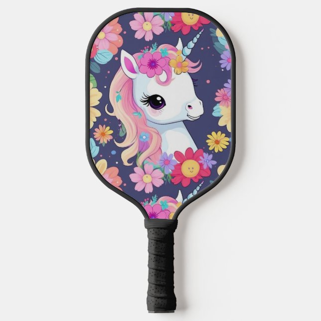 Palas De Pickleball Unicornio blanco adorable con flores (Anverso)