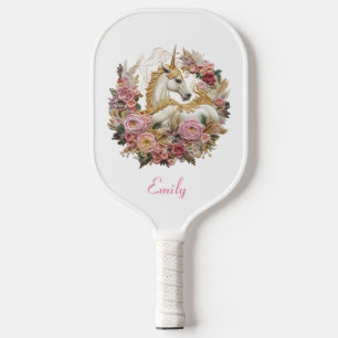 Palas De Pickleball Unicornio rosa y blanco Monograma floral moderno