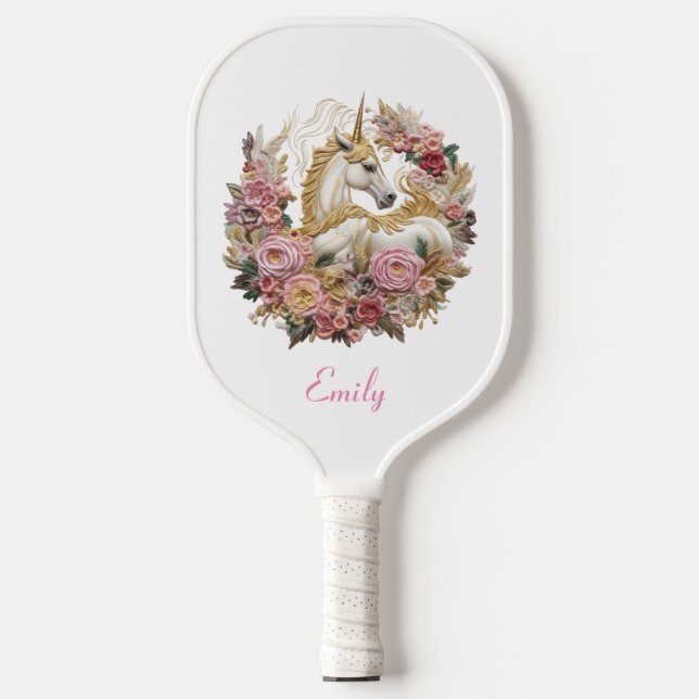 Palas De Pickleball Unicornio rosa y blanco | Monograma floral moderno (Anverso)