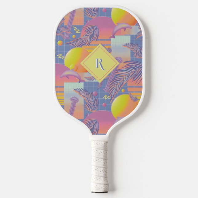 Palas De Pickleball Verano morado de vaporolas de sol y palmeras (Anverso)