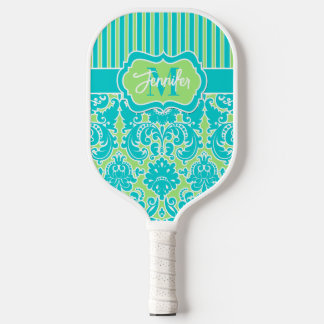 Palas De Pickleball Verde azulado personalizado, Damasco de cal, monog