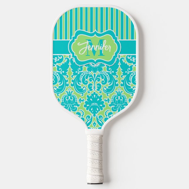 Palas De Pickleball Verde azulado personalizado, Damasco de cal, monog (Anverso)