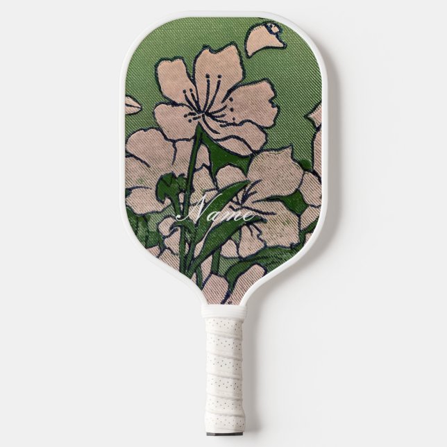 Palas De Pickleball Verde de flores rosadas (Anverso)