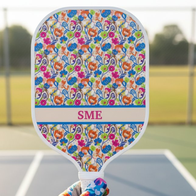 Palas De Pickleball Vibrant Colorful Floral Monogram (Bright floral monogram pickleball paddle)